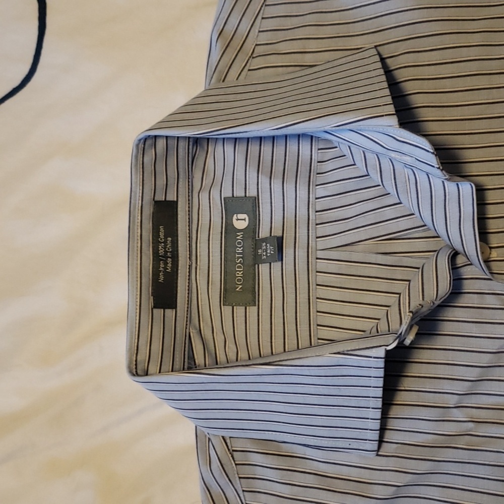 Nordstrom Dress Shirt French Cuffs size 16 34-35 Trim Fit Blue with pin stripes
